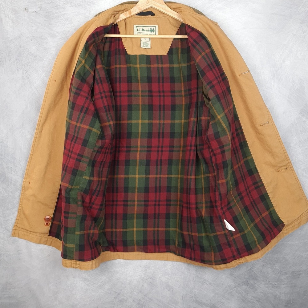 LL Bean Barn Coat Mens Large Brown Canvas Plaid Lined Corduroy Collar Workwear - Picture 10 of 16